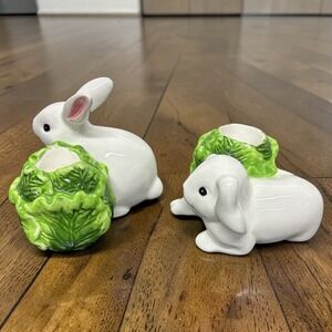 Vintage Ceramic Rabbit With Cabbage Dinner Taper Candle Holder Easter Spring